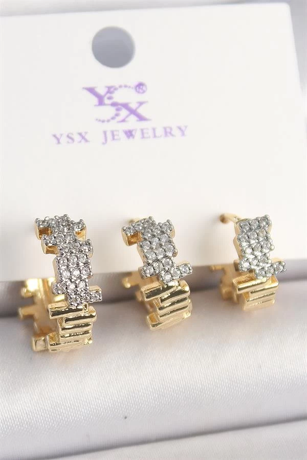 Pirinç Gold Renk Zirkon Taşlı Dorika Model 3'lü Kadın Kombin Küpe