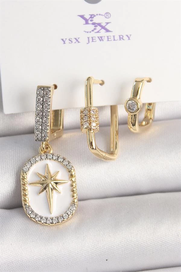 Pirinç Gold Renk Sallantı Zirkon Taş İşlmeli Yıldız Portre Model 3'lü Kadın Kombin Küpe