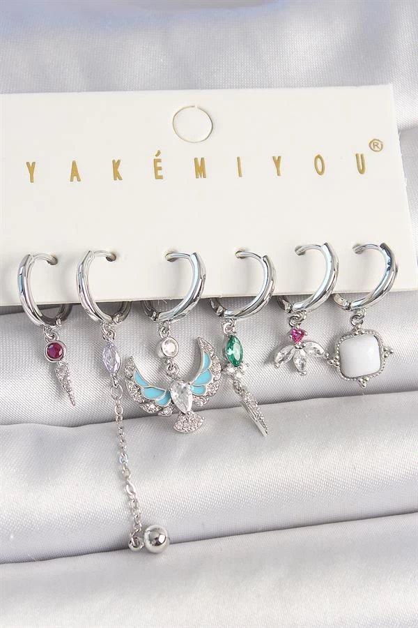 Pirinç Gümüş Renk Zirkon Taşlı Kuş Figür Çiçek Detay 6'lı Kadın Kombin Küpe