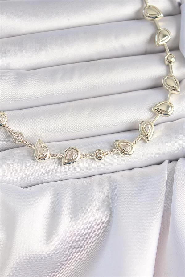 Pirinç Gold Renk Zirkon Taşlı Damla Model Vip Seri Exclusive Kadın Kolye