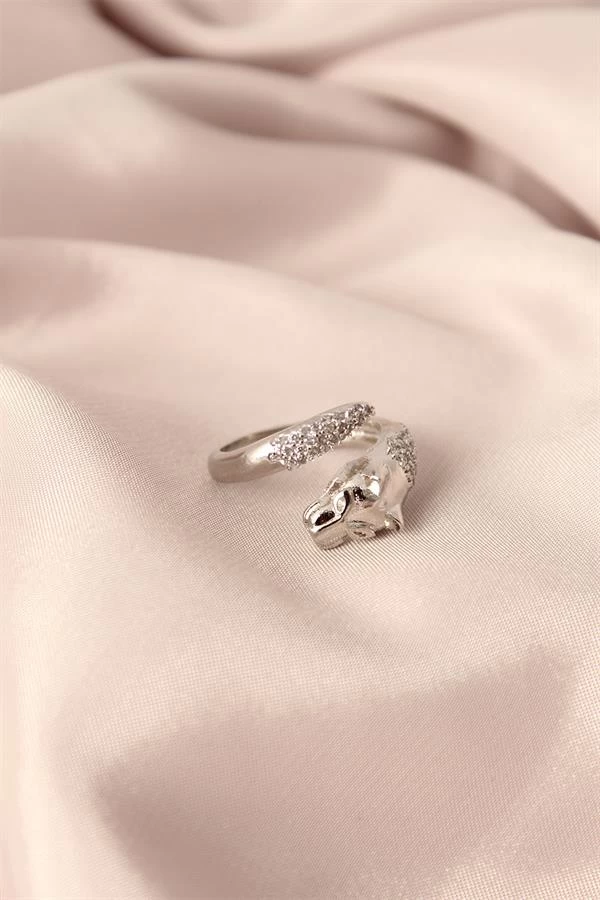 Gümüş Renk Metal Zirkon Taşlı Kaplan Model Ayarlanabilir Kadın Yüzük