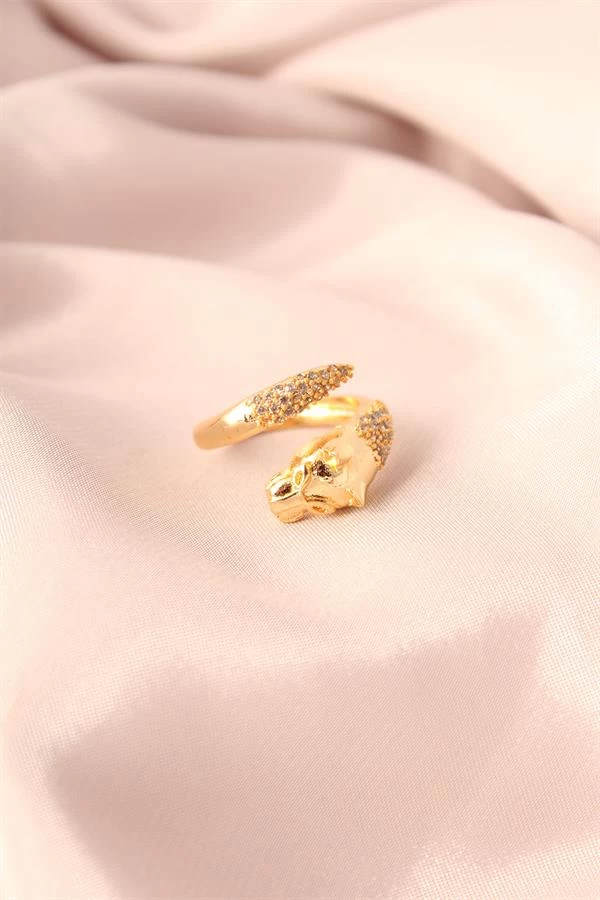 Gold Renk Metal Zirkon Taşlı Kaplan Model Ayarlanabilir Kadın Yüzük