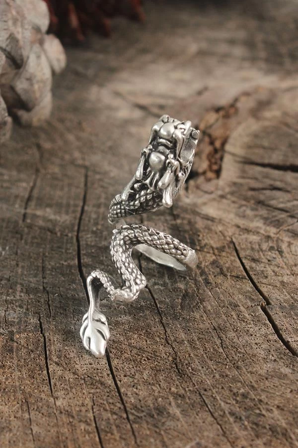 Antik Gümüş Renk Ejderha Model Ayarlanabilir Erkek Yüzük
