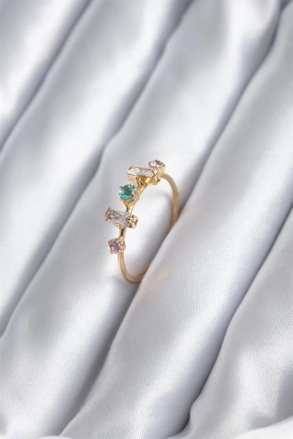 Gold Renk Zirkon Taşlı Renkli Zirkon Taşlı Kadın Yüzük