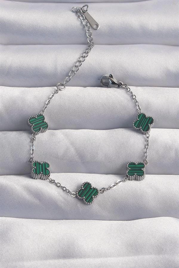 316l Çelik Baby Boy Gümüş Renk Çizgili Yeşil Mineli Yonca Bileklik