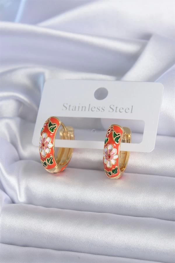 Pirinç Gold Renk Çiçek İşleme Turuncu Kadın Küpe