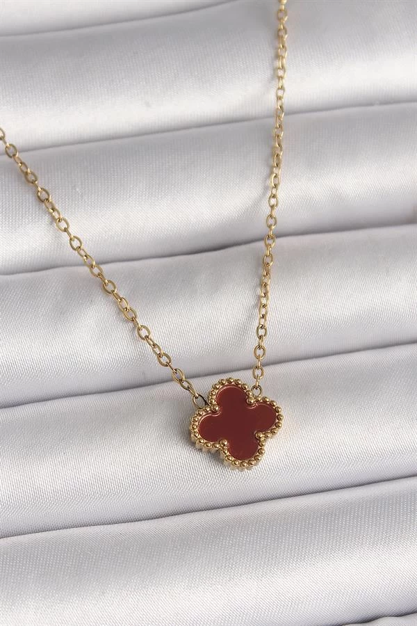 316l Çelik Gold Renk Bordo Yonca Model Kadın Kolye