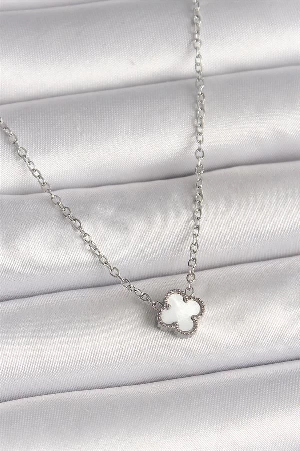 316l Çelik Gümüş Renk Beyaz Yonca Model Kadın Kolye