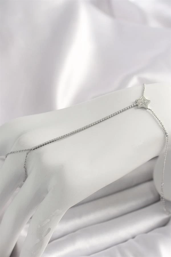 Pirinç Gümüş Renk Su Yolu Zirkon Taşlı Yıldız Model Kadın Şahmeran