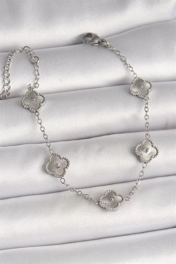 316l Çelik Gümüş Renk İşlemeli Yonca Model Kadın Bileklik