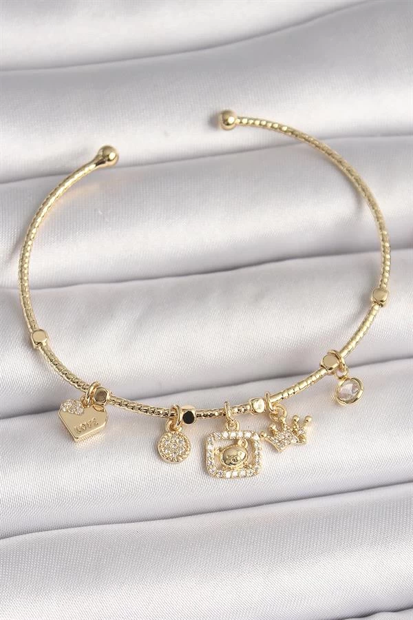 Pirinç Gold Renk Sallantı Zirkon Taşlı Ayıcık Figür Taç Detay Charm Kadın Bileklik
