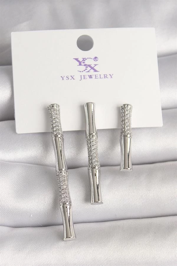 Pirinç Gümüş Renk Zirkon Taşlı Bambu Model 3'lü Kadın Kombin Küpe