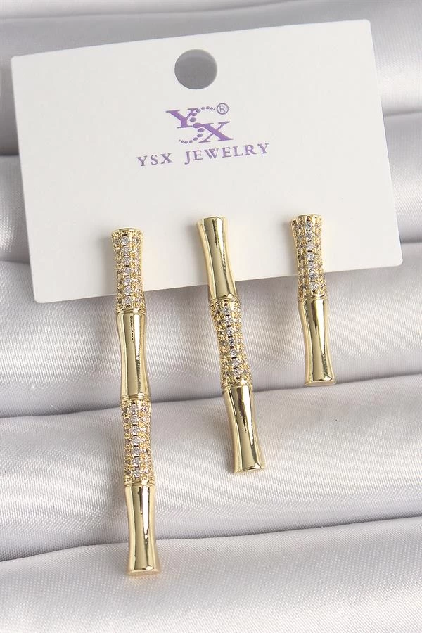 Pirinç Gold Renk Zirkon Taşlı Bambu Model 3'lü Kadın Kombin Küpe