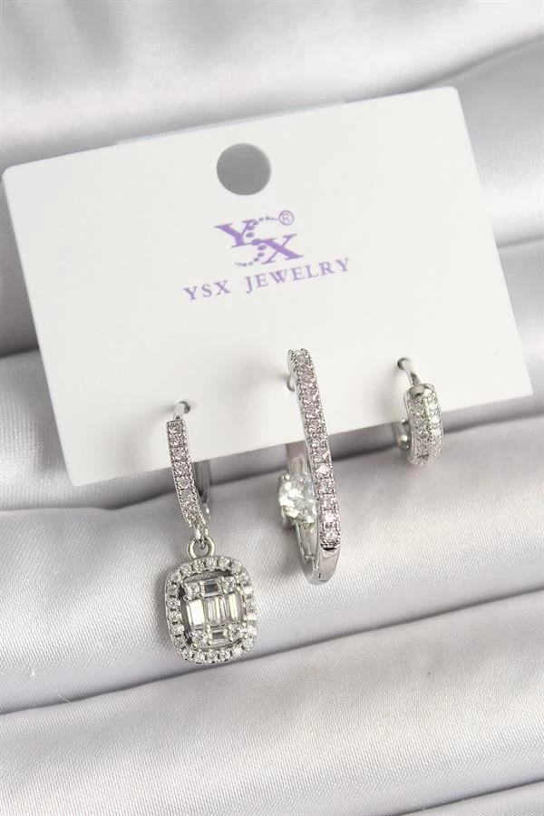 Pirinç Gümüş Renk Zirkon Taşlı Baget Halka Model 3'lü Kadın Kombin Küpe