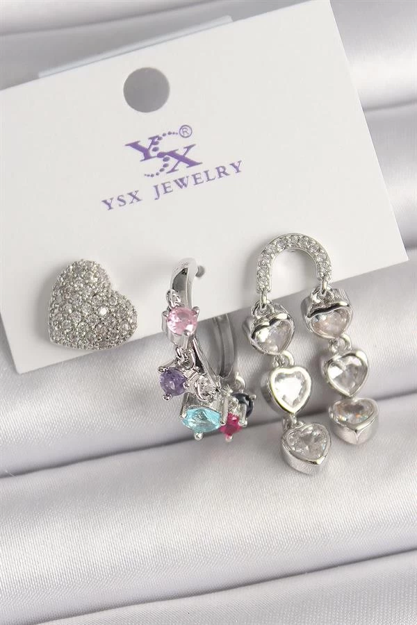 Pirinç Gümüş Renk Zirkon Taşlı Kalp Figür Renkli Taş Detay 3'lü Kadın Kombin Küpe
