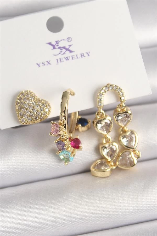 Pirinç Gold Renk Sallantı Zirkon Taşlı Kalp Model 3'lü Kadın Kombin Küpe