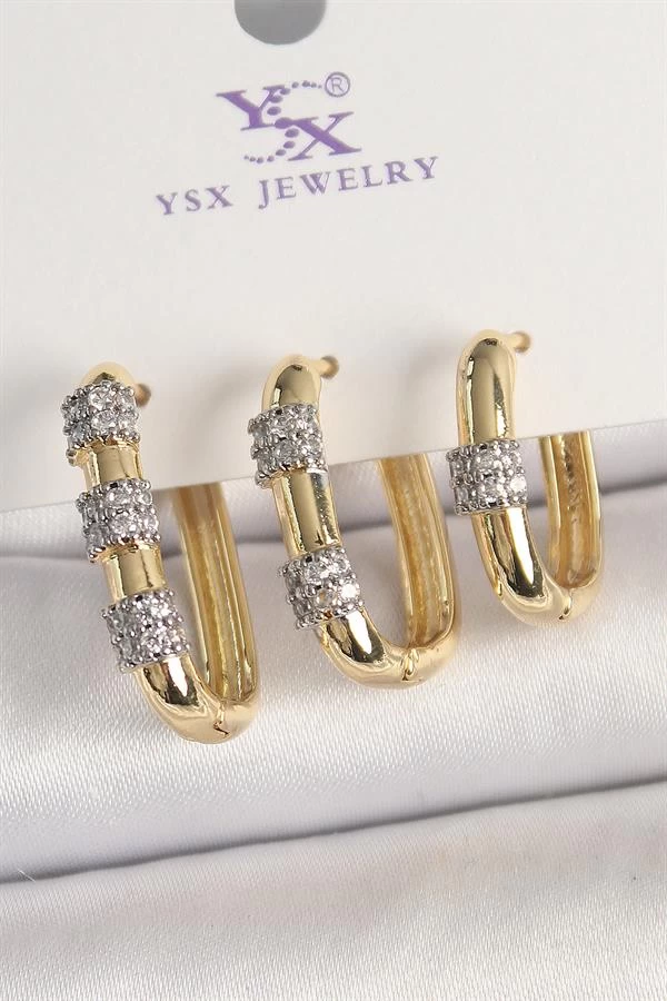 Pirinç Gold Renk 3'lü Halka Model Gümüş Zirkon Taş Detaylı Kadın Kombin Küpe