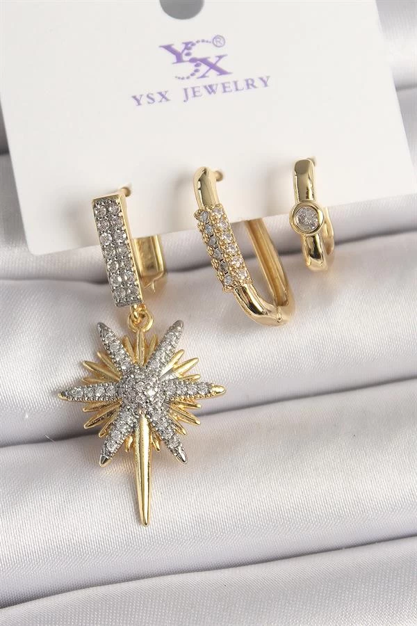 Pirinç Gold Renk Sallantı Zirkon Taşlı Kutup Yıldız Model 3'lü Kadın Kombin Küpe