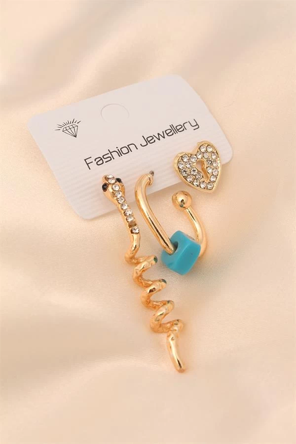 Gold Renk Metal Zirkon Taşlı Yılan Ve Kalp Detaylı Küpe Seti