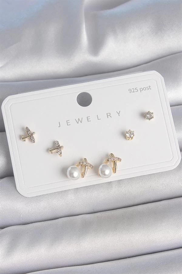 Pirinç Gold Renk Zirkon Taşlı Kelebek Model İnci Detay 925 Ayar Gümüş Çivi Kadın Küpe Seti