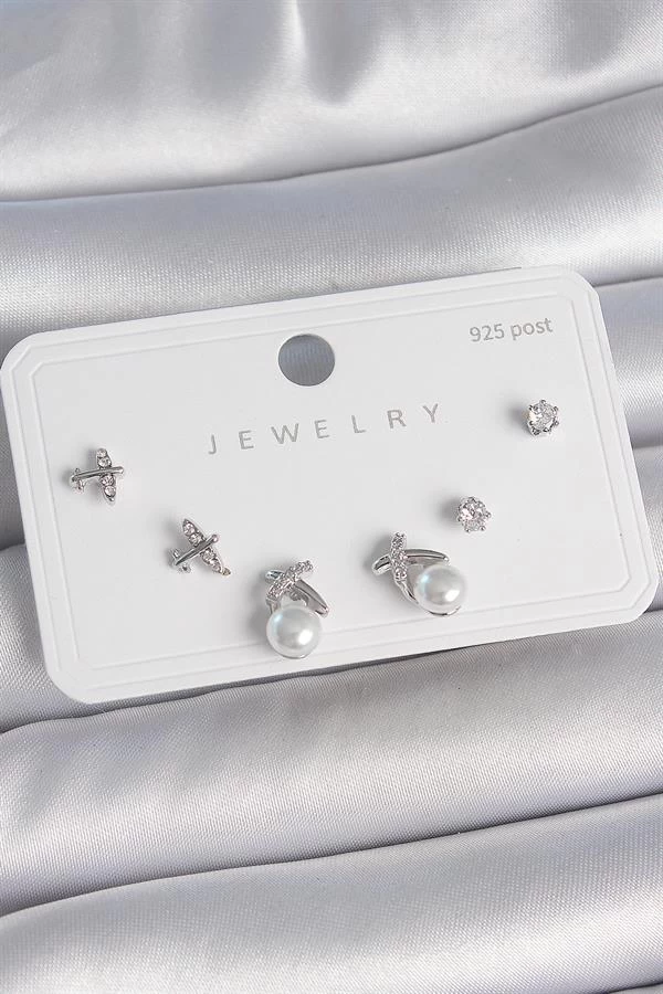 Pirinç Gümüş Renk Zirkon Taşlı Kelebek Model İnci Detay 925 Ayar Gümüş Çivi Kadın Küpe Seti