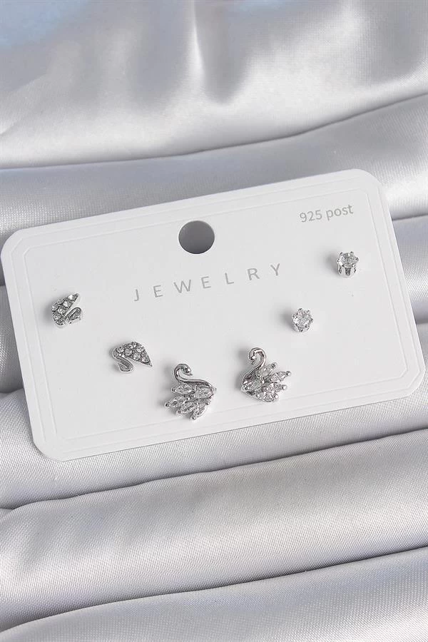 Pirinç Gümüş Renk Zirkon Taşlı Kuğu Model 925 Ayar Gümüş Çivi Kadın Küpe Seti