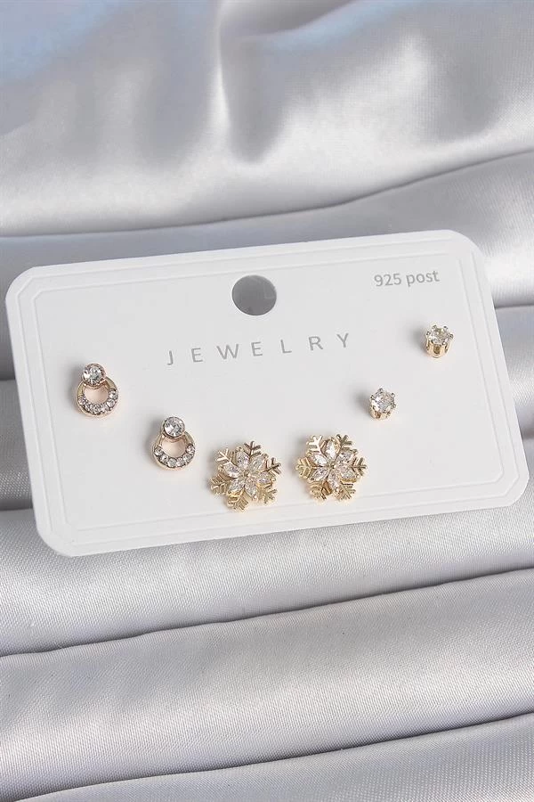 Pirinç Gold Renk Zirkon Taşlı Kar Tanesi Model 925 Ayar Gümüş Çivi Kadın Küpe Seti