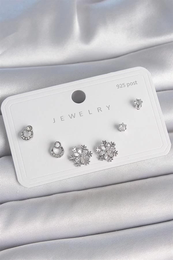 Pirinç Gümüş Renk Zirkon Taşlı Kar Tanesi Model 925 Ayar Gümüş Çivi Kadın Küpe Seti