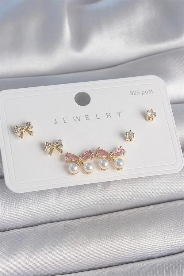 Pirinç Gold Renk Pembe Zirkon Taşlı Fiyonk Model İnci Detay 925 Ayar Gümüş Çivi Kadın Küpe Seti
