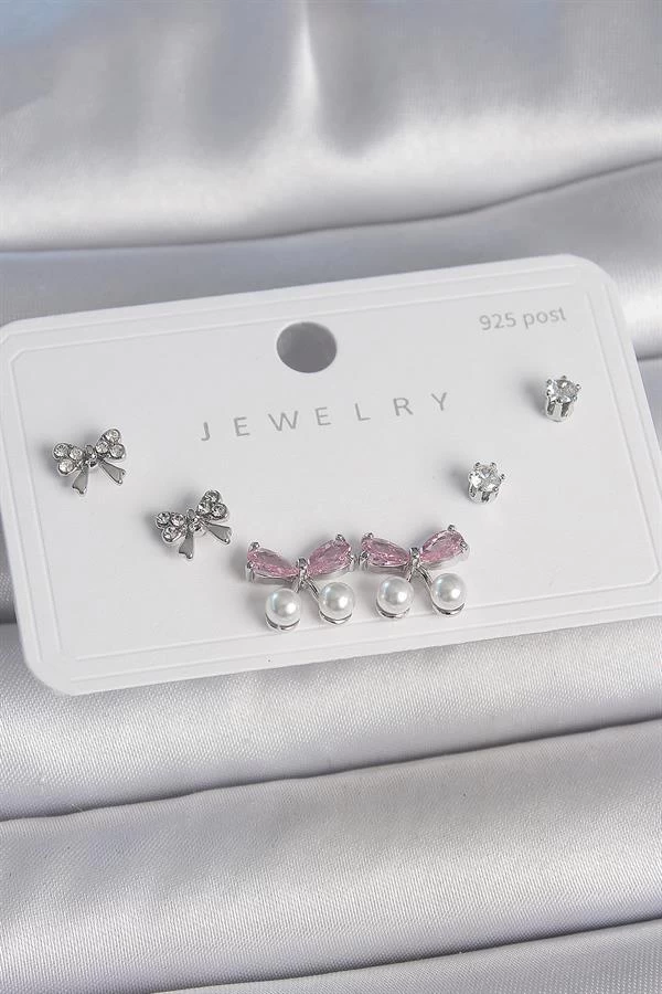 Pirinç Gümüş Renk Pembe Zirkon Taşlı Kurdele Model İnci Detay 925 Ayar Gümüş Çivi Kadın Küpe Seti