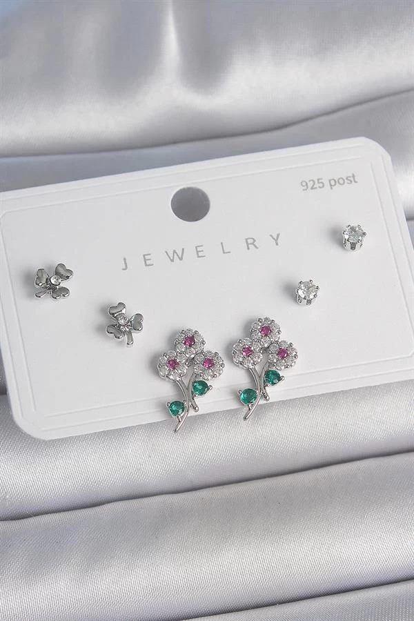 Pirinç Gümüş Renk Renkli Zirkon Taşlı Çiçek Model Yaprak Detay 925 Ayar Gümüş Çivi Kadın Küpe Seti