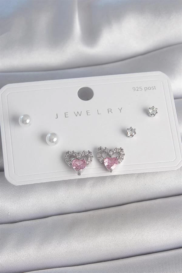Pirinç Gümüş Renk Pembe Zirkon Taşlı Kalp Model İnci Detay 925 Ayar Gümüş Çivi Kadın Küpe Seti