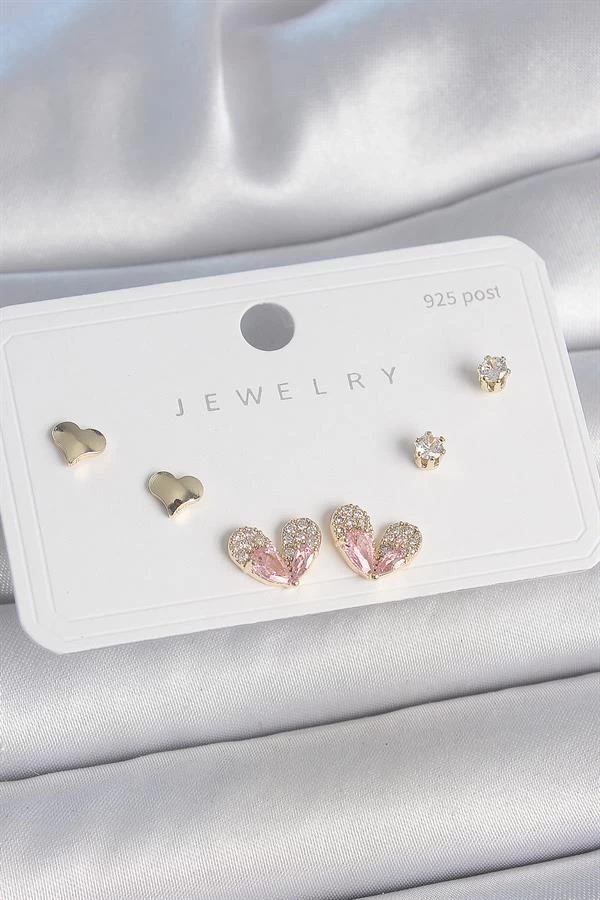 Pirinç Gold Renk Pembe Zirkon Taşlı Kalp Model 925 Ayar Gümüş Çivi Kadın Küpe Seti