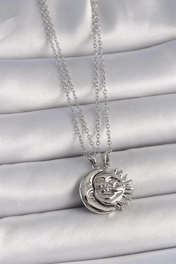 316l Çelik Gümüş Renk Ay Güneş Model Arkadaşlık Kadın Kolye