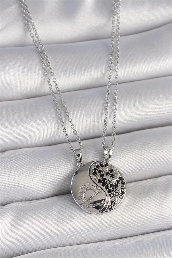 316l Çelik Gümüş Renk Zincir Zirkon Taşlı Ying Yang Model Gün Batımı İşlemeli Arakdaşlık Kadın Kolye