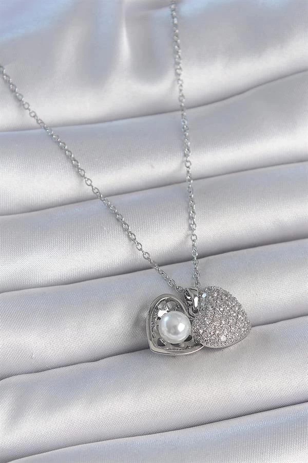 316l Çelik Gümüş Renk Zincir Zirkon Taşlı Açılır İncili Kalp Model Kadın Kolye