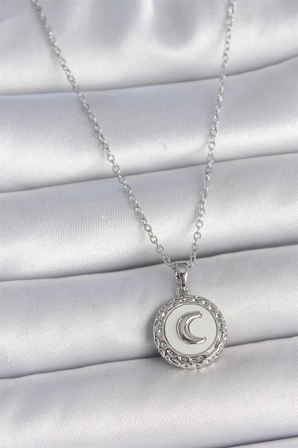 316l Çelik Gümüş Renk Zincir Beyaz Mineli Hilal İşlemeli Madalyon Model Kadın Kolye