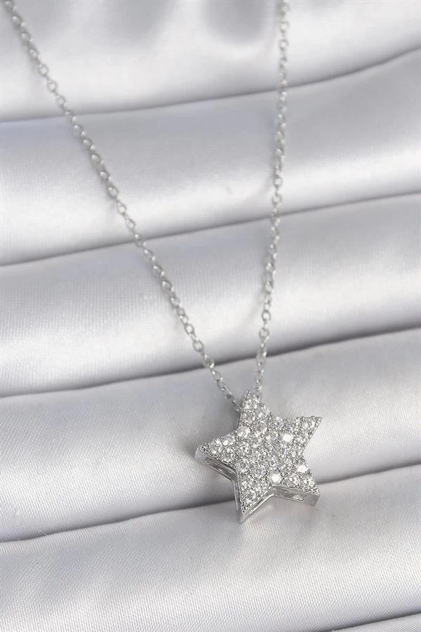316l Çelik Gümüş Renk Zincir Zirkon Taşlı Yıldız Model Kadın Kolye