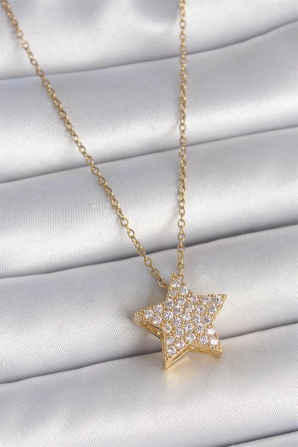 316l Çelik Gold Renk Zincir Zirkon Taşlı Yıldız Model Kadın Kolye