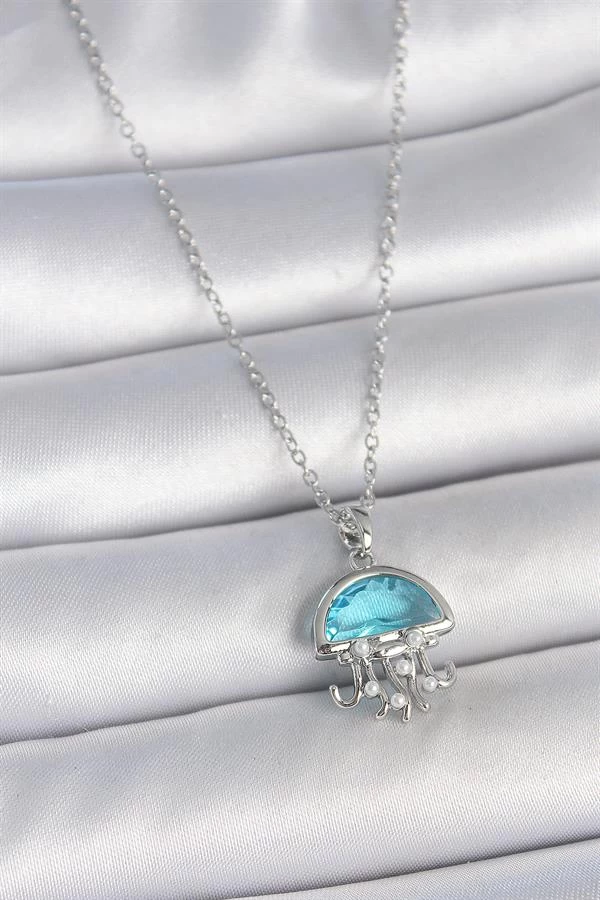316l Çelik Gümüş Renk Zincir Mavi Taşlı Deniz Anası Model İnci Detay Kadın Kolye