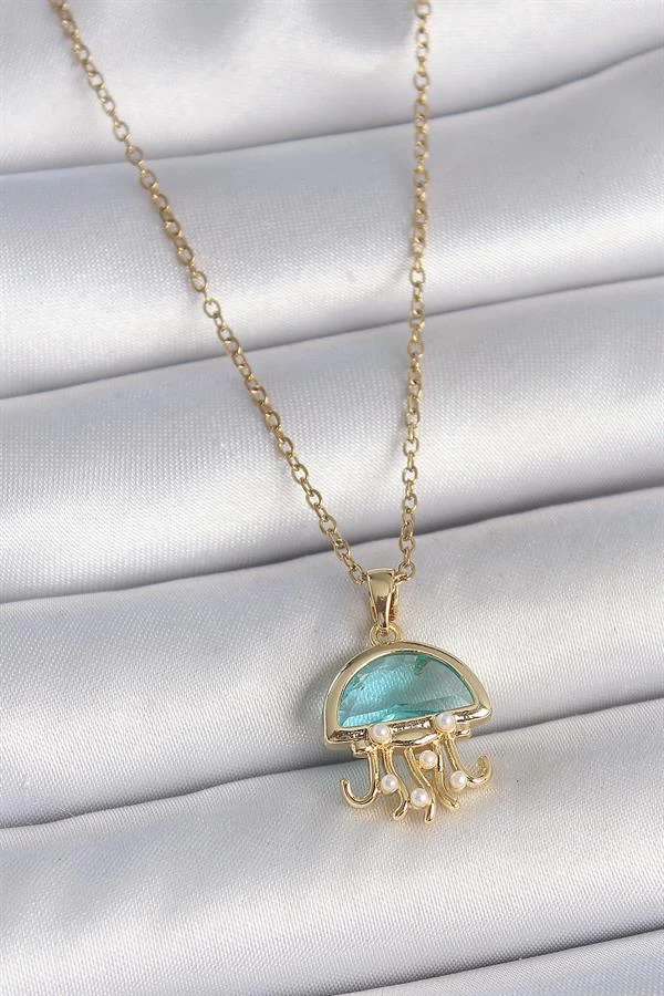 316l Çelik Gold Renk Mavi Taşlı Deniz Anası Model İnci Detay Kadın Kolye
