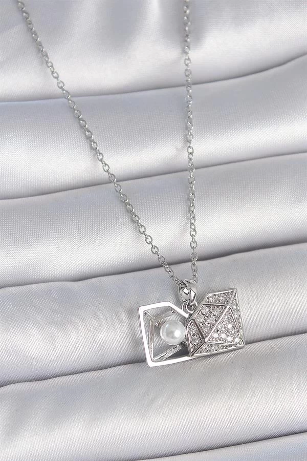 316l Çelik Gümüş Renk Zincir Zirkon Taşlı İncili Açılır Elmas Model Kadın Kolye