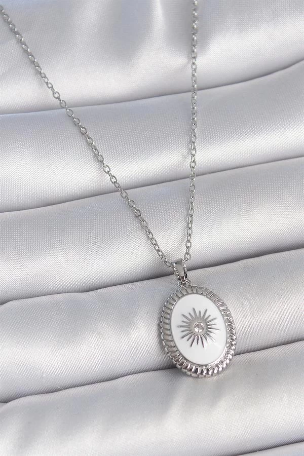 316l Çelik Gümüş Renk Beyaz Mineli Güneş İşlemeli Nazar Boncuk Detay Madalyon Model Kadın Kolye