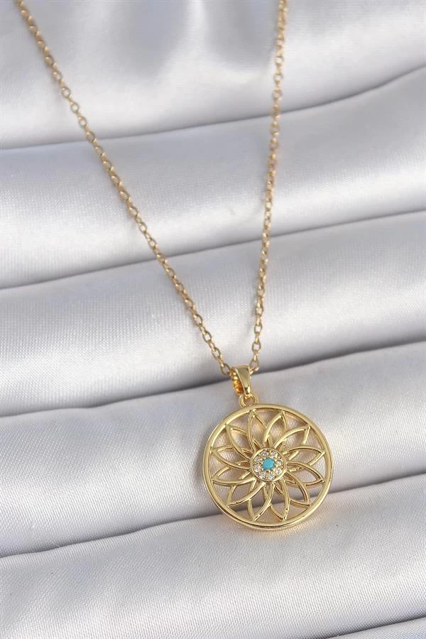 316l Çelik Gold Renk Zincr Mavi Taşlı Lotus Model Kadın Kolye