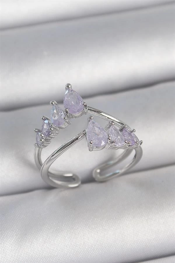 Pirinç Gümüş Renk Mor Damla Zirkon Taşlı Taç Model Kadın Yüzük