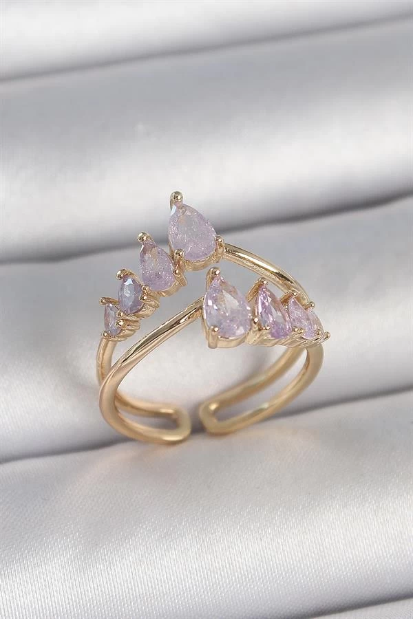 Pirinç Gold Renk Mor Damla Zirkon Taşlı Taç Model Kadın Yüzük