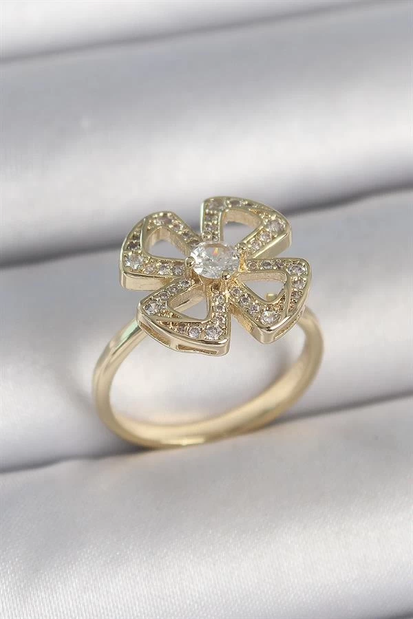 Pirinç Gold Renk Zirkon Taşlı Yonca Model Ayarlanabilir Kadın Yüzük