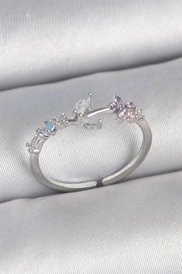 Pirinç Gümüş Renk Zirkon Taşlı Çiçek Model Ayarlanabilir Kadın Yüzük