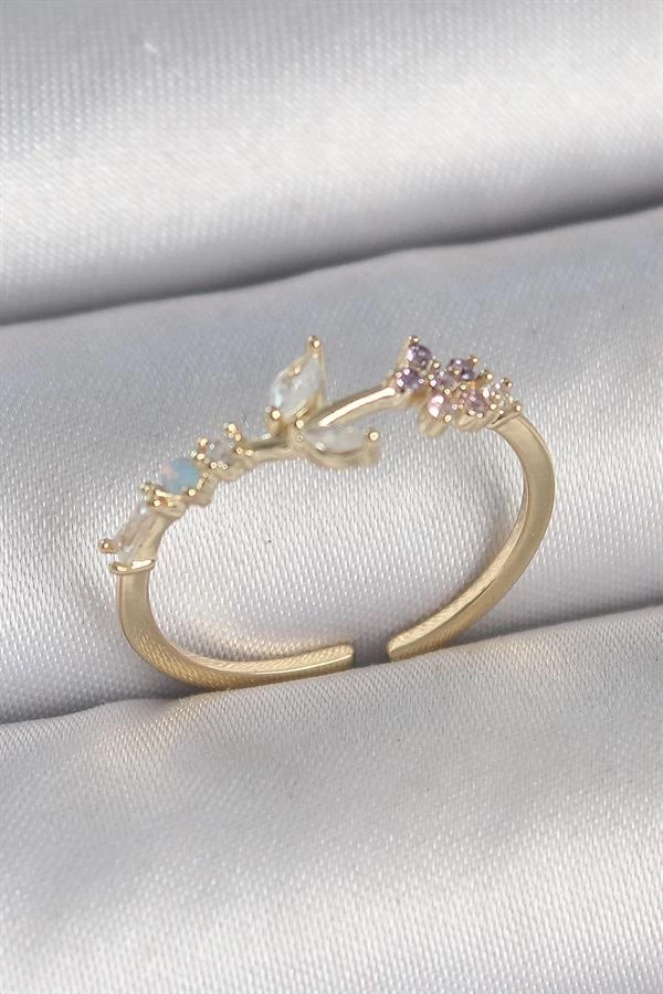 Pirinç Gold Renk Zirkon Taşlı Çiçek Model Ayarlanabilir Kadın Yüzük