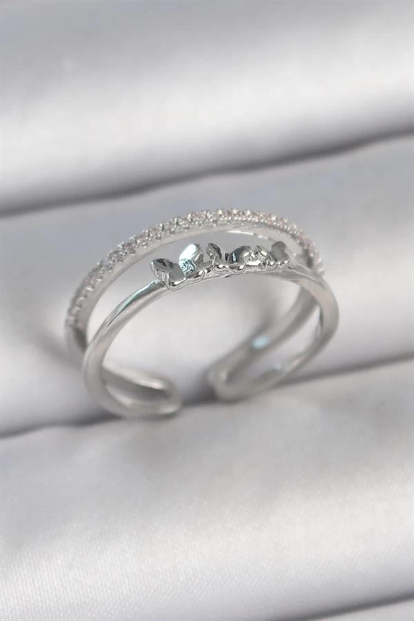 Pirinç Gümüş Renk 2'li Zirkon Taş Detaylı Kelebek Figür Ayarlanabilir Model Kadın Yüzük